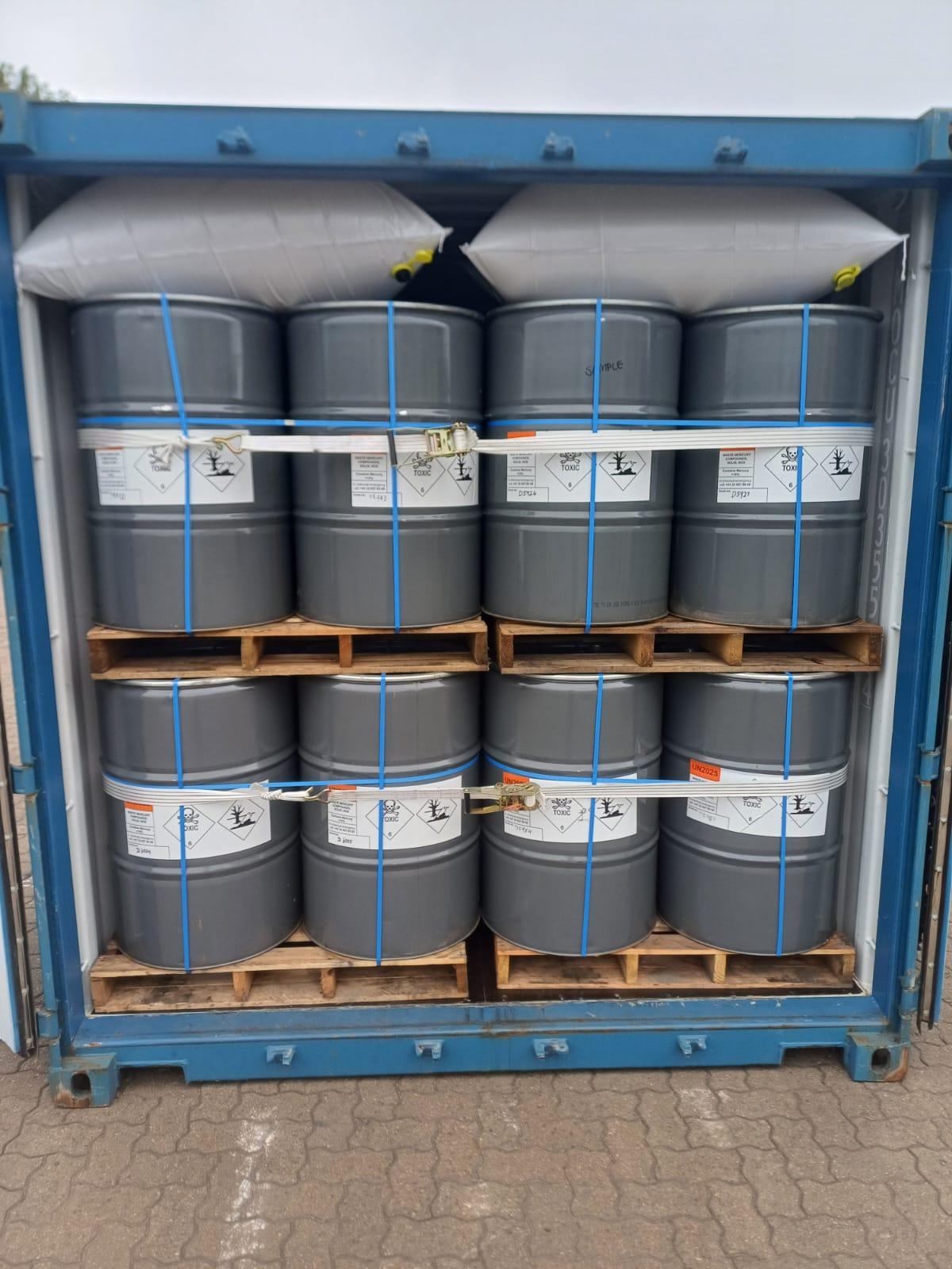 Mercury waste ready for transport in compliance with international regulations